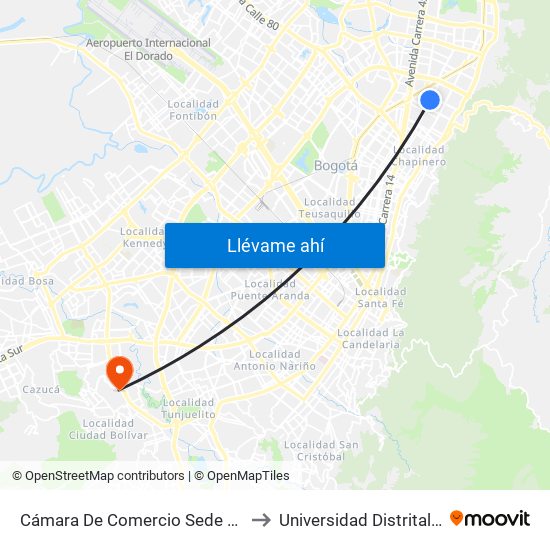 Cámara De Comercio Sede Norte (Ak 15 - Cl 93a) (B) to Universidad Distrital Sede Tecnológica map