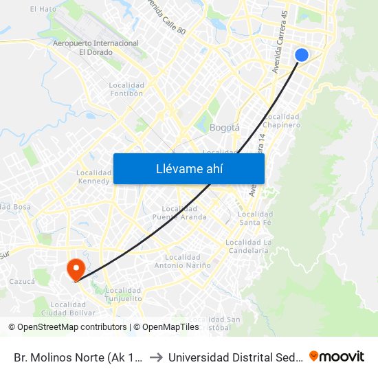 Br. Molinos Norte (Ak 15 - Cl 106) (A) to Universidad Distrital Sede Tecnológica map