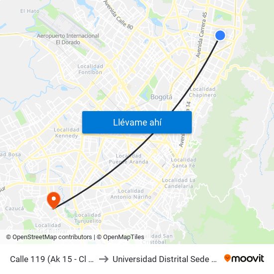 Calle 119 (Ak 15 - Cl 118a) (A) to Universidad Distrital Sede Tecnológica map