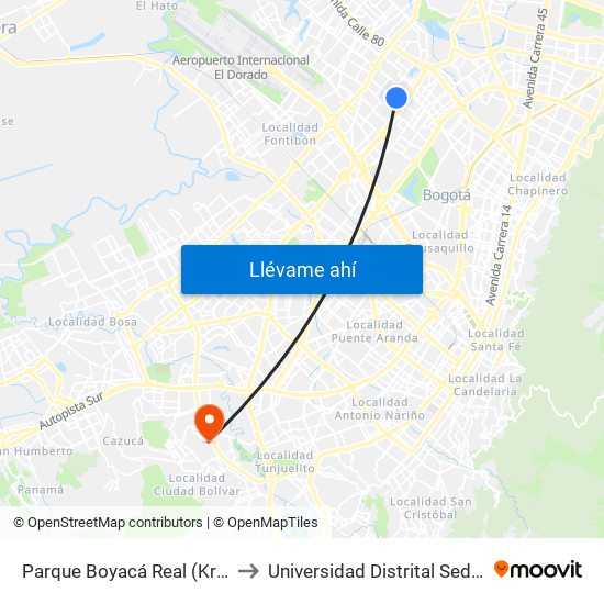 Parque Boyacá Real (Kr 74a - Cl 69a) to Universidad Distrital Sede Tecnológica map