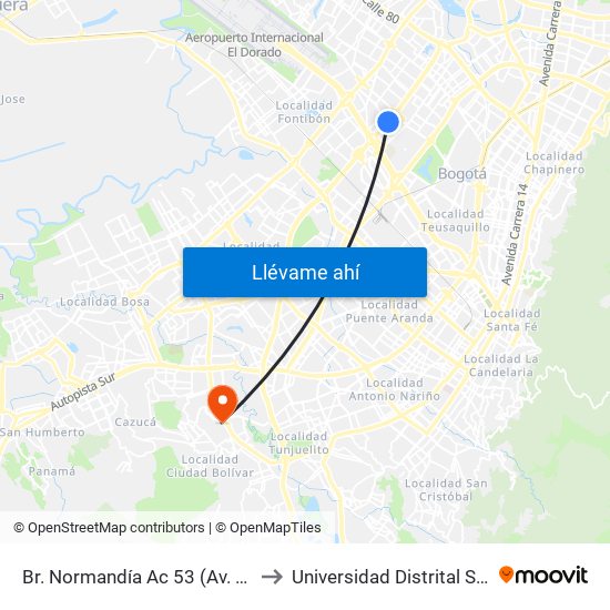 Br. Normandía Ac 53 (Av. Boyacá - Ac 53) (A) to Universidad Distrital Sede Tecnológica map