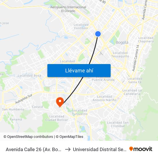 Avenida Calle 26 (Av. Boyacá - Ac 26) (A) to Universidad Distrital Sede Tecnológica map
