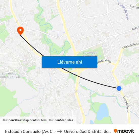 Estación Consuelo (Av. Caracas - Kr 12a) to Universidad Distrital Sede Tecnológica map