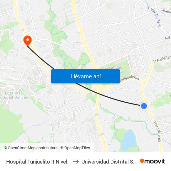 Hospital Tunjuelito II Nivel (Cl 52 Sur - Kr 14) to Universidad Distrital Sede Tecnológica map