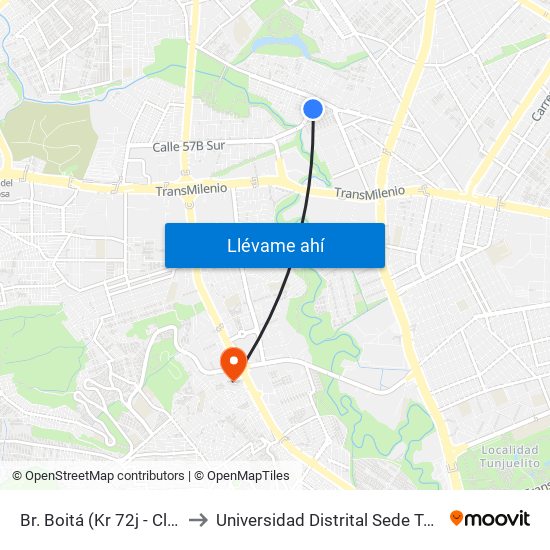 Br. Boitá (Kr 72j - Cl 47 Sur) to Universidad Distrital Sede Tecnológica map