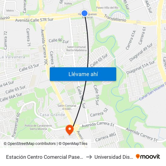 Estación Centro Comercial Paseo Villa Del Río - Madelena (Auto Sur - Kr 66a) to Universidad Distrital Sede Tecnológica map