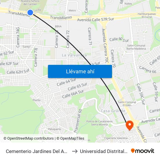 Cementerio Jardines Del Apogeo (Auto Sur - Tv 74) to Universidad Distrital Sede Tecnológica map