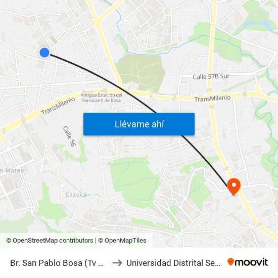 Br. San Pablo Bosa (Tv 78l - Cl 69a Sur) to Universidad Distrital Sede Tecnológica map