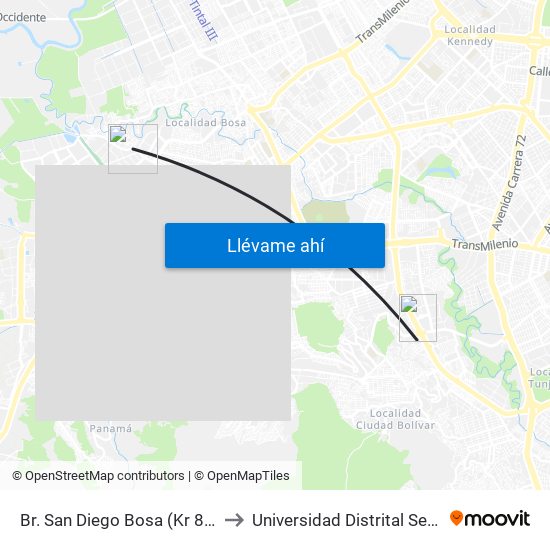Br. San Diego Bosa (Kr 80k - Cl 82b Sur) to Universidad Distrital Sede Tecnológica map