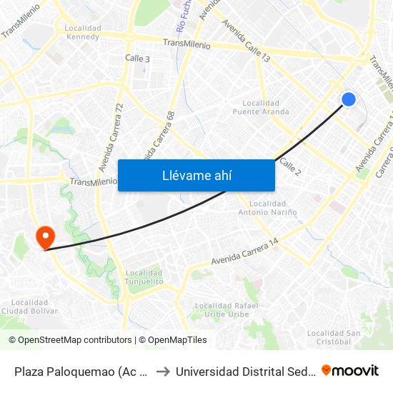 Plaza Paloquemao (Ac 19 - Kr 25) (A) to Universidad Distrital Sede Tecnológica map
