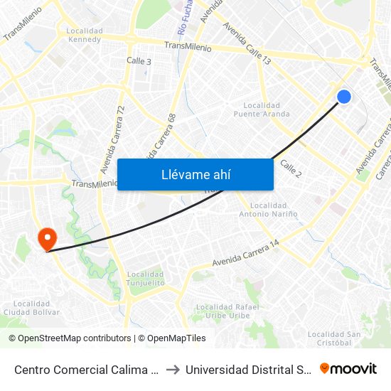 Centro Comercial Calima (Ac 19 - Kr 28) (A) to Universidad Distrital Sede Tecnológica map