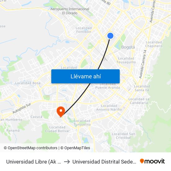 Universidad Libre (Ak 70 - Ac 53) to Universidad Distrital Sede Tecnológica map