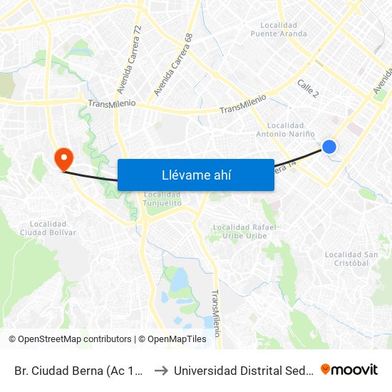 Br. Ciudad Berna (Ac 11 Sur - Kr 12c) to Universidad Distrital Sede Tecnológica map