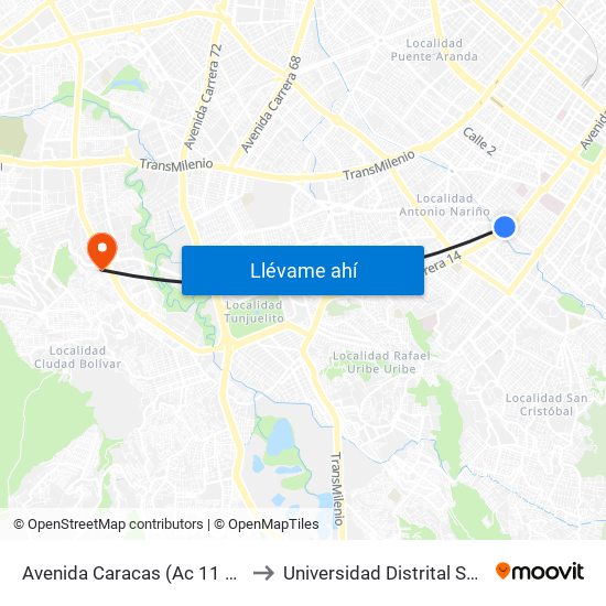 Avenida Caracas (Ac 11 Sur - Av. Caracas) to Universidad Distrital Sede Tecnológica map