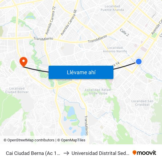 Cai Ciudad Berna (Ac 11 Sur - Ak 10) to Universidad Distrital Sede Tecnológica map