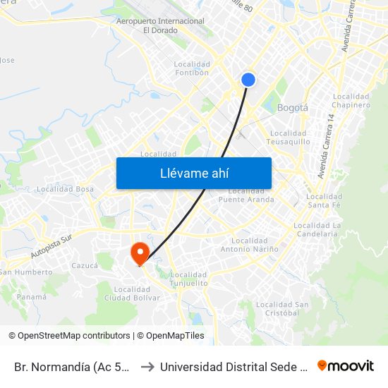 Br. Normandía (Ac 53 - Kr 70d) to Universidad Distrital Sede Tecnológica map