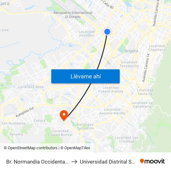 Br. Normandía Occidental (Ac 53 - Kr 77a) to Universidad Distrital Sede Tecnológica map