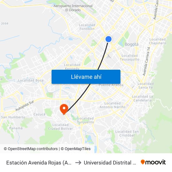 Estación Avenida Rojas (Ac 26 - Kr 69d Bis) (A) to Universidad Distrital Sede Tecnológica map