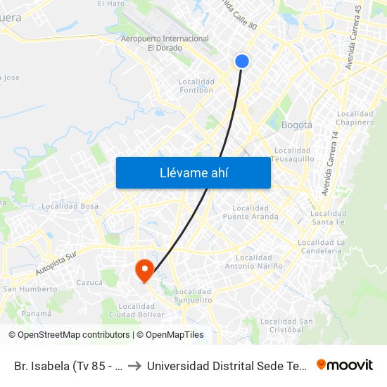 Br. Isabela (Tv 85 - Cl 64i) to Universidad Distrital Sede Tecnológica map