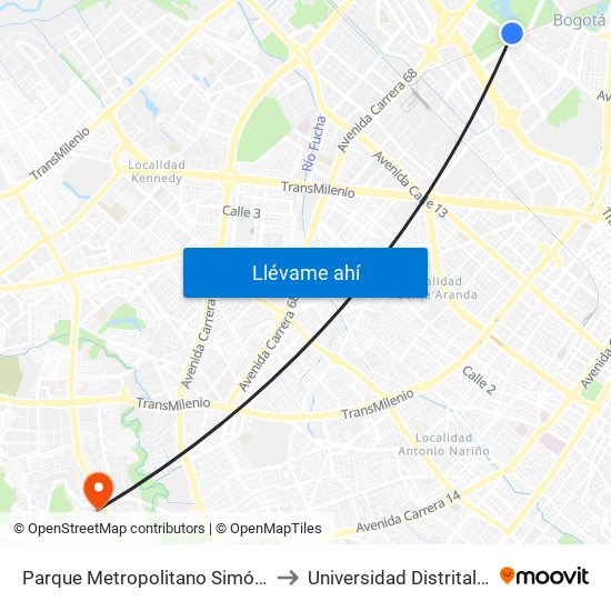 Parque Metropolitano Simón Bolívar (Ac 53 - Ak 60) to Universidad Distrital Sede Tecnológica map