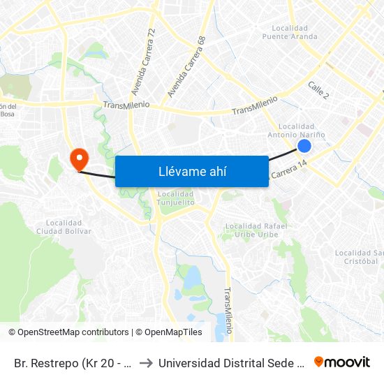 Br. Restrepo (Kr 20 - Cl 18 Sur) to Universidad Distrital Sede Tecnológica map