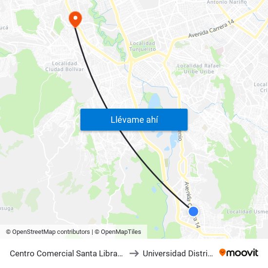 Centro Comercial Santa Librada (Av. Caracas - Cl 74c Sur) (A) to Universidad Distrital Sede Tecnológica map