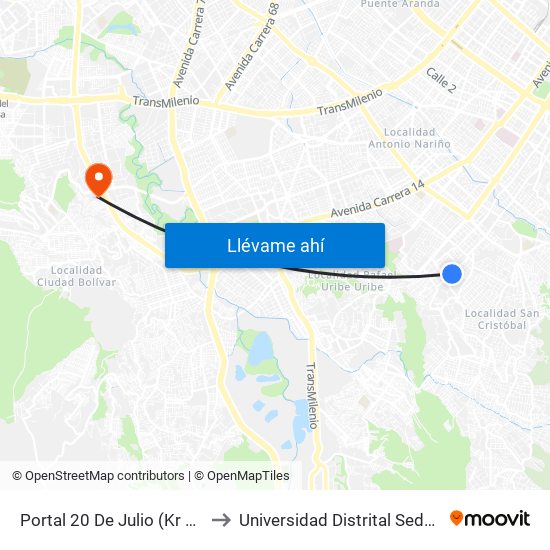 Portal 20 De Julio (Kr 5 - Cl 31 Sur) to Universidad Distrital Sede Tecnológica map