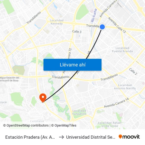 Estación Pradera (Av. Américas - Kr 65) to Universidad Distrital Sede Tecnológica map