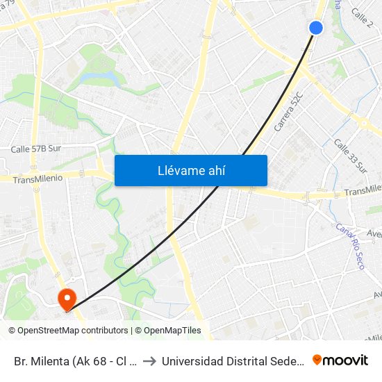 Br. Milenta (Ak 68 - Cl 17 Sur) (B) to Universidad Distrital Sede Tecnológica map