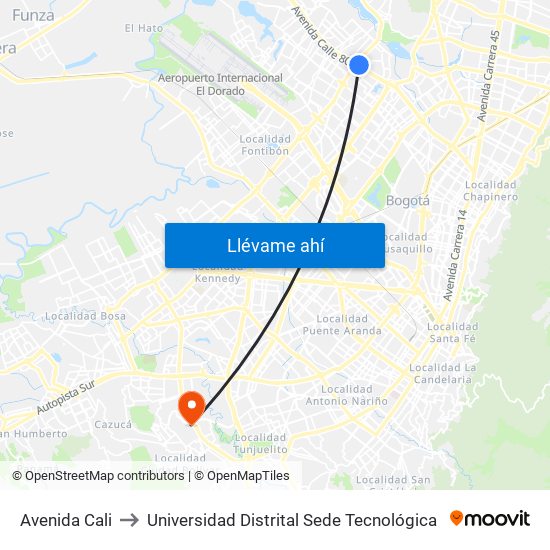 Avenida Cali to Universidad Distrital Sede Tecnológica map