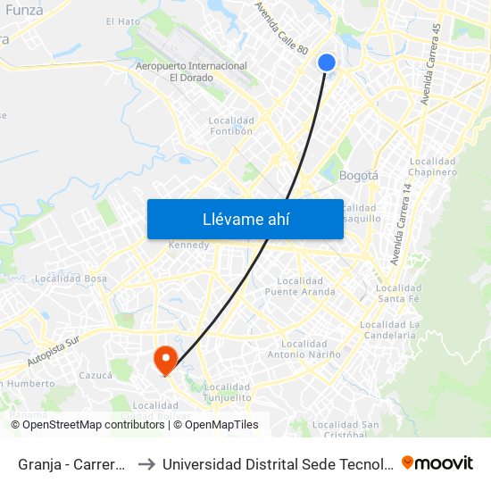 Granja - Carrera 77 to Universidad Distrital Sede Tecnológica map