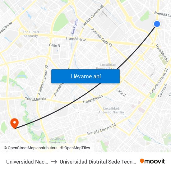 Universidad Nacional to Universidad Distrital Sede Tecnológica map