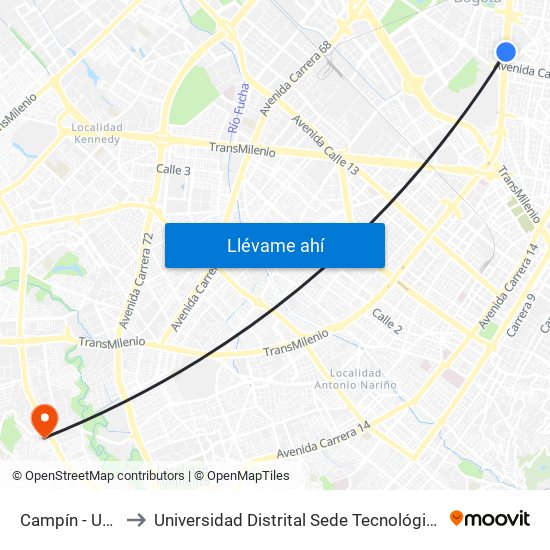 Campín - Uan to Universidad Distrital Sede Tecnológica map