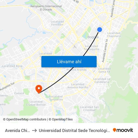 Avenida Chile to Universidad Distrital Sede Tecnológica map