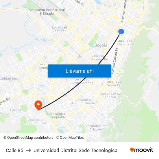 Calle 85 to Universidad Distrital Sede Tecnológica map