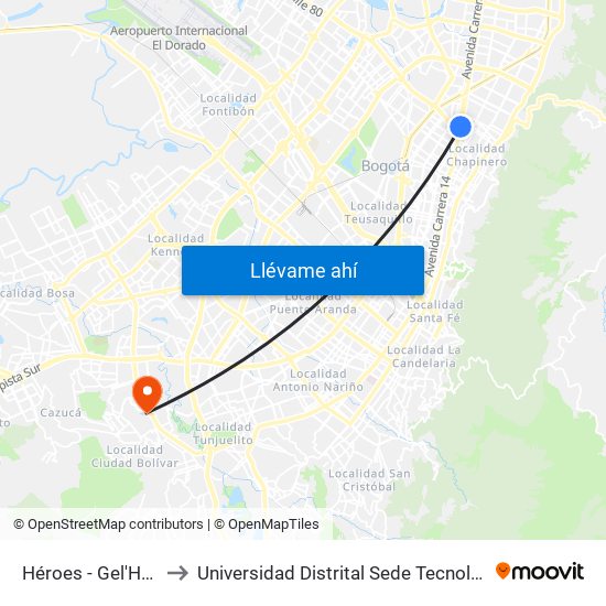 Héroes - Gel'Hada to Universidad Distrital Sede Tecnológica map