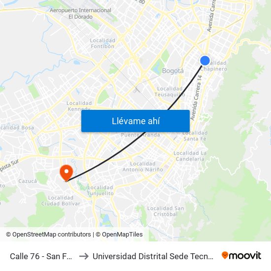 Calle 76 - San Felipe to Universidad Distrital Sede Tecnológica map