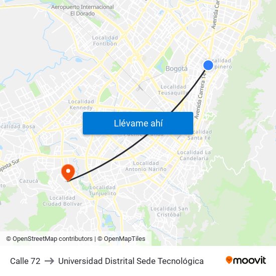 Calle 72 to Universidad Distrital Sede Tecnológica map