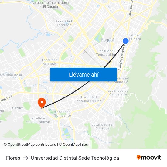 Flores to Universidad Distrital Sede Tecnológica map