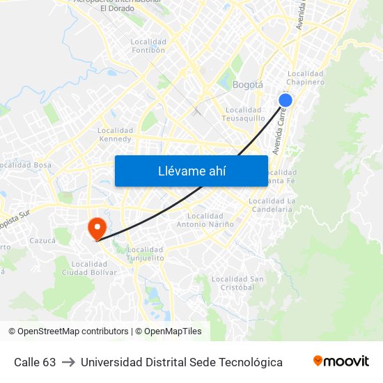 Calle 63 to Universidad Distrital Sede Tecnológica map