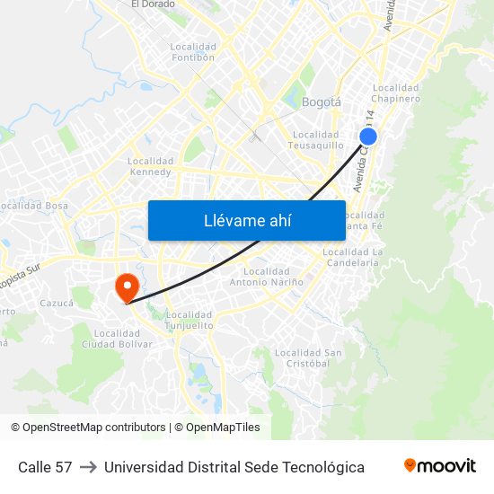 Calle 57 to Universidad Distrital Sede Tecnológica map