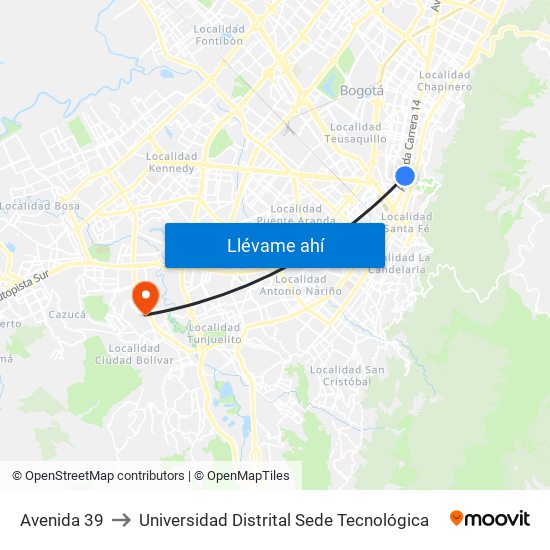 Avenida 39 to Universidad Distrital Sede Tecnológica map
