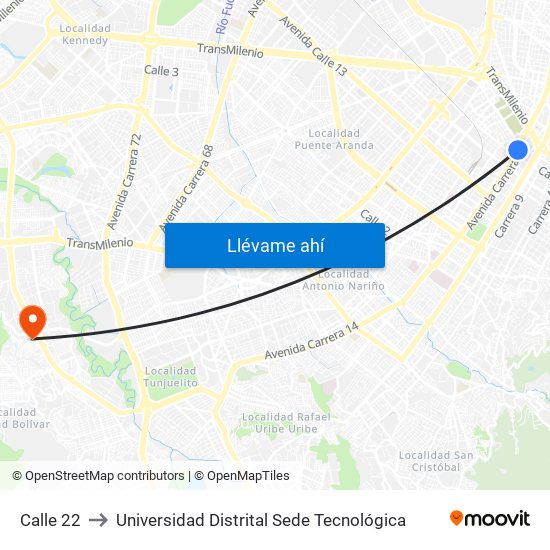 Calle 22 to Universidad Distrital Sede Tecnológica map