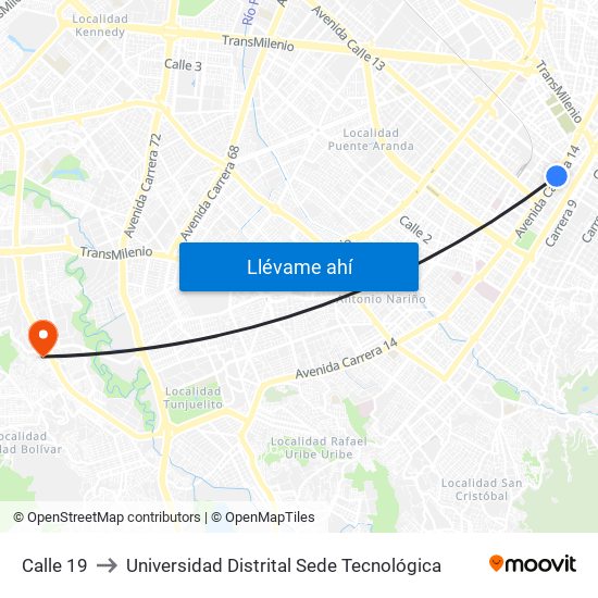 Calle 19 to Universidad Distrital Sede Tecnológica map