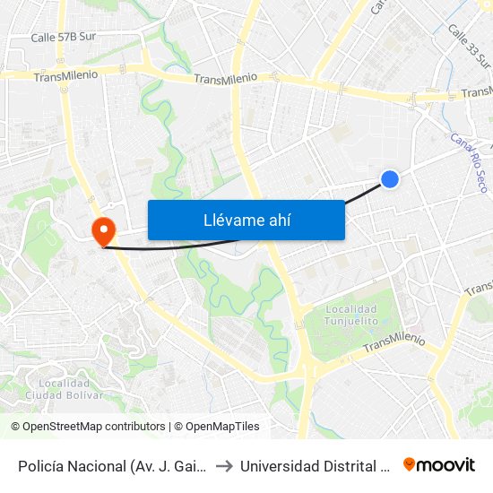 Policía Nacional (Av. J. Gaitán C. - Cl 47 Sur) (A) to Universidad Distrital Sede Tecnológica map
