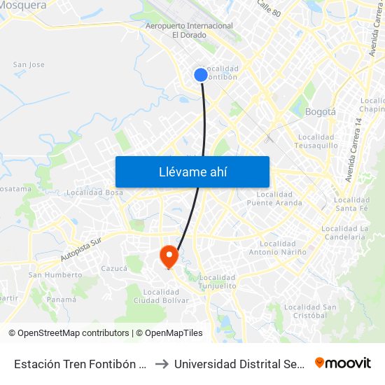 Estación Tren Fontibón (Kr 99 - Cl 20c) to Universidad Distrital Sede Tecnológica map