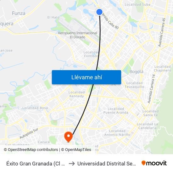 Éxito Gran Granada (Cl 78b - Kr 114a) to Universidad Distrital Sede Tecnológica map