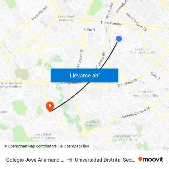 Colegio José Allamano (Kr 56 - Ac 3) to Universidad Distrital Sede Tecnológica map