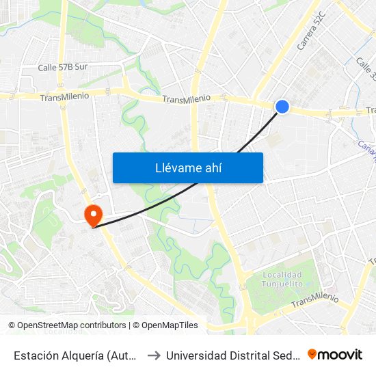 Estación Alquería (Auto Sur - Kr 51f) to Universidad Distrital Sede Tecnológica map