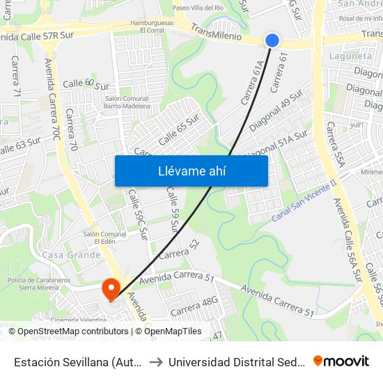 Estación Sevillana (Auto Sur - Kr 57) to Universidad Distrital Sede Tecnológica map